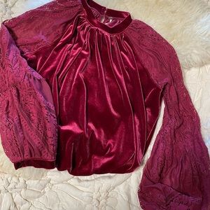 Free People Burgundy Velvet & Lace Top